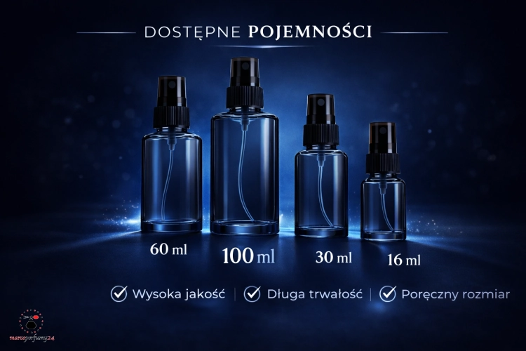 Pojemności flakonów francuskich perfum lanych MarcoPerfumy24 – 16 ml (testery), 30 ml (na podróż), 60 ml (na co dzień), 100 ml i 110 ml (pełnowymiarowe).