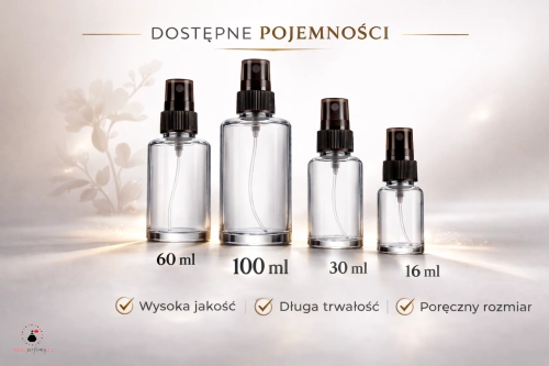 Pojemności flakonów francuskich perfum lanych MarcoPerfumy24 – 16 ml (testery), 30 ml (na podróż), 60 ml (na co dzień), 100 ml i 110 ml (pełnowymiarowe).