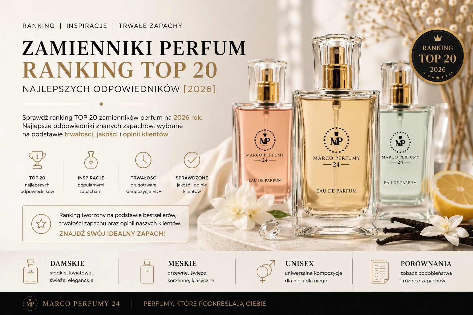 Najlepsze zamienniki perfum 2026 – ranking TOP 20 odpowiedników damskich, męskich i unisex